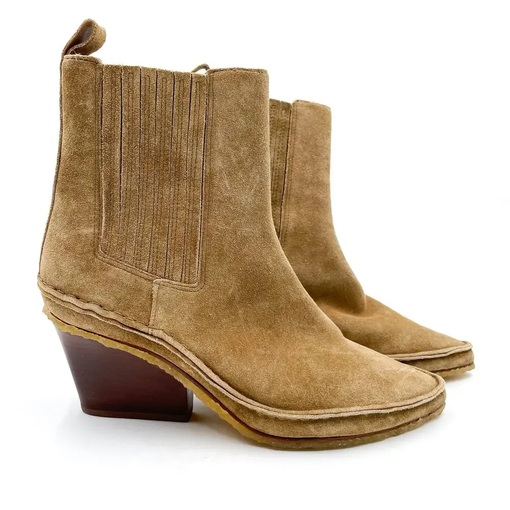 Tory Burch Lila Boots Brown Suede Pointed Block Heel Ankle Western Booties Sz‎ 6